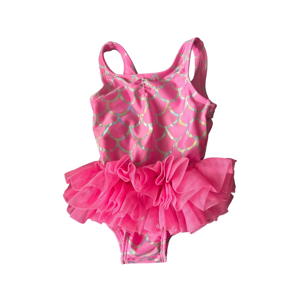 Cat & Jack Girls 12M Pink Mermaid Scale Tutu One Piece‎ Swimsuit Toddler Ruffle